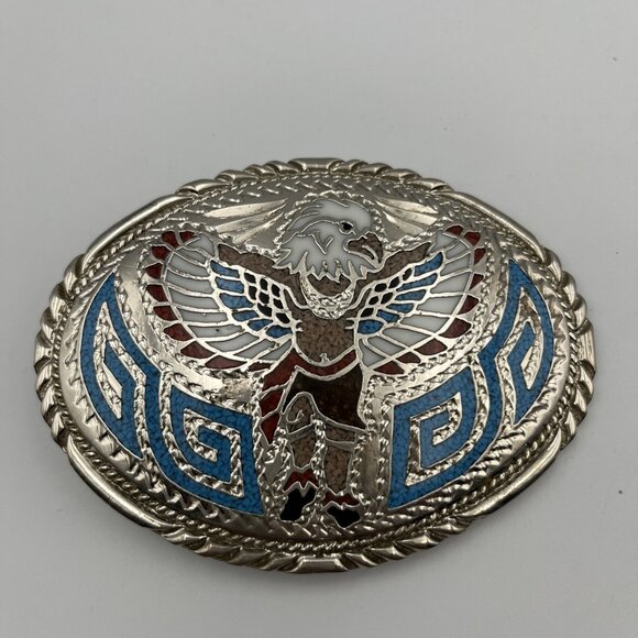 Eagle Dancer Belt Buckle Native American Turquoise Coral Inlay Vtg SSI USA - Picture 1 of 6
